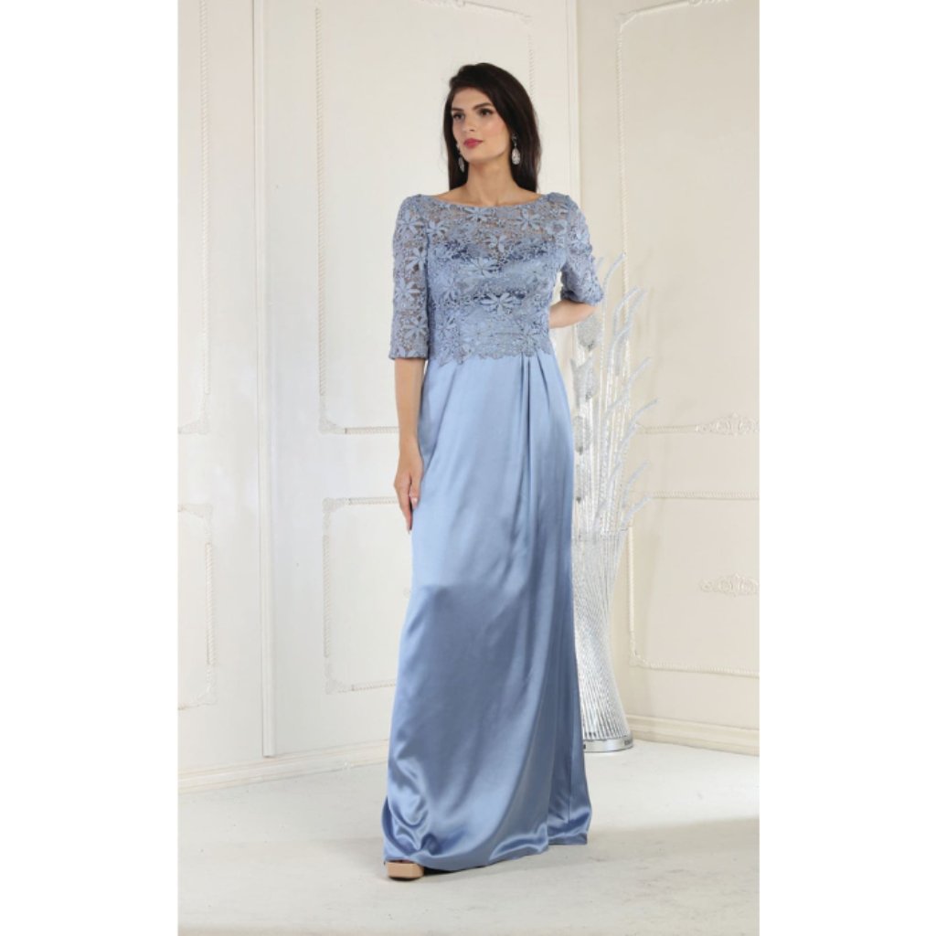 Dusty Blue Formal Long Bateau Neck 3/4 Sleeve Sheath Dress By May Queen Mq1969